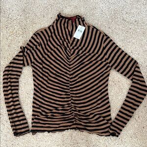BKE Black and Tan Ruched Blouse with Mandarin Collar